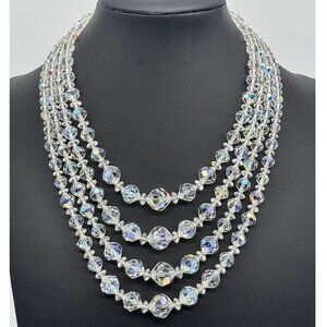 Vintage Crystal Aurora Borealis Graduated Four Strand Necklace and Earrings Set